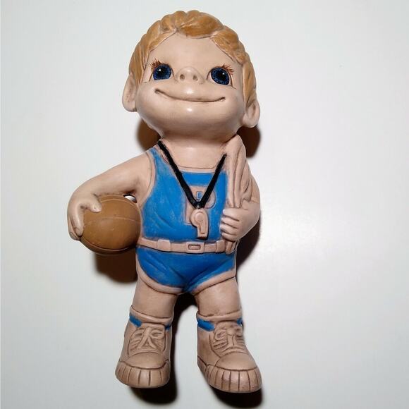 Vintage 70s Folk Art Porcelain Bisque 1973 Shareen Basketball Coach Figurine 12" - Picture 2 of 5